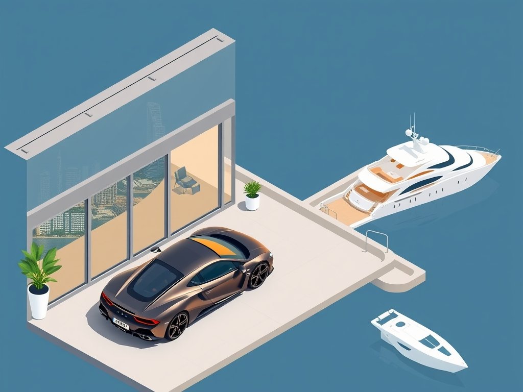 Moderne penthouse, sportwagen en jacht bij een stadsuitzicht die Ruud Gillis vermogen symboliseren.