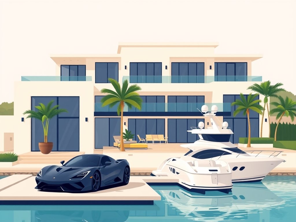 Luxe villa met sportwagen en jacht in een serene watersetting passend bij Farah Diba vermogen.
