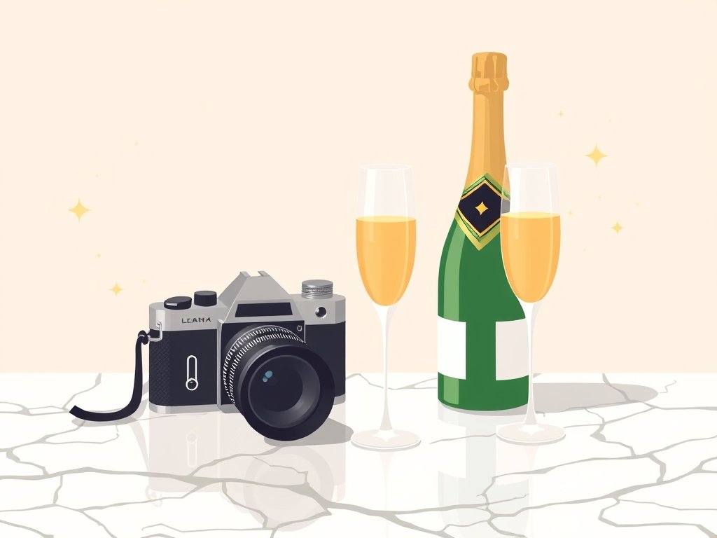 Vintage filmcamera met champagne en glazen op marmeren tafel als symbool voor rijkdom en glamour.