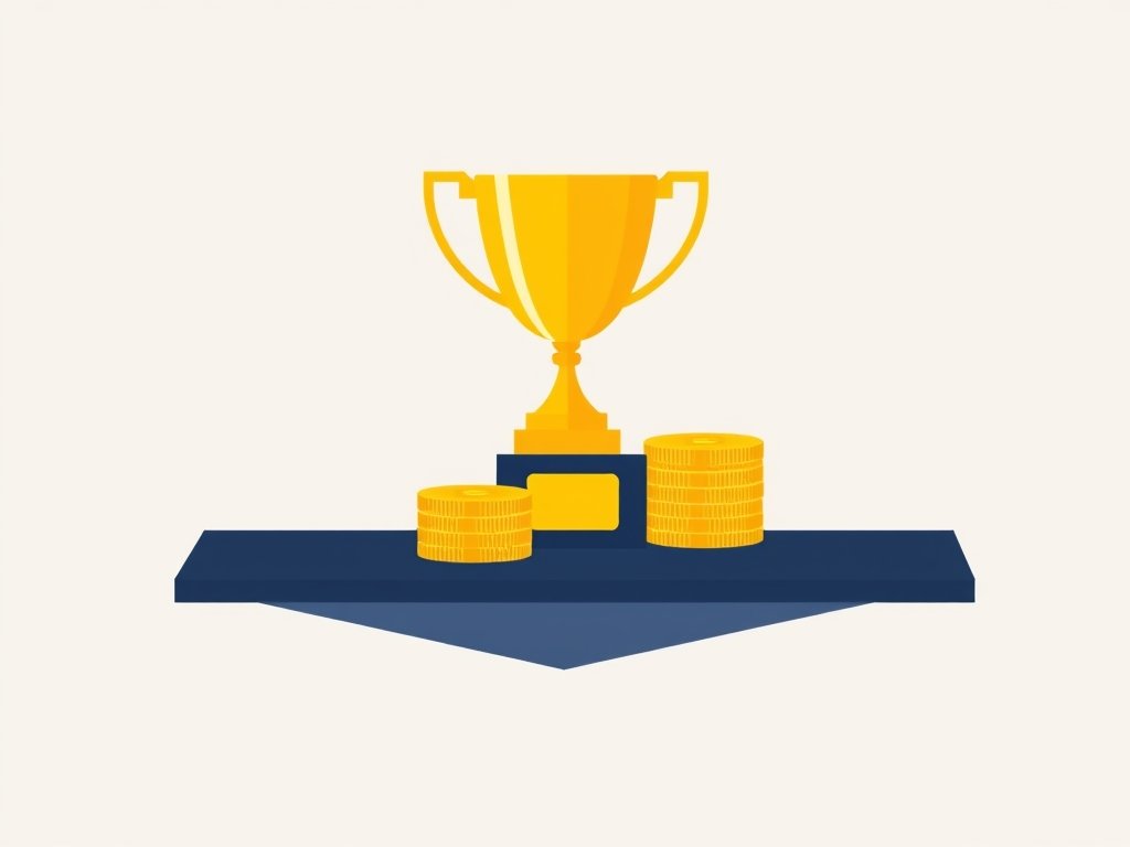 Gouden trofee en stapels munten op een grafisch geometrisch vlak als symbool voor vermogen en succes.