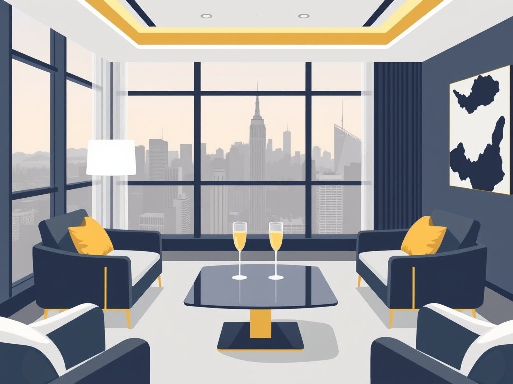 Interieur van luxe penthouse met gouden accenten en uitzicht op stad.