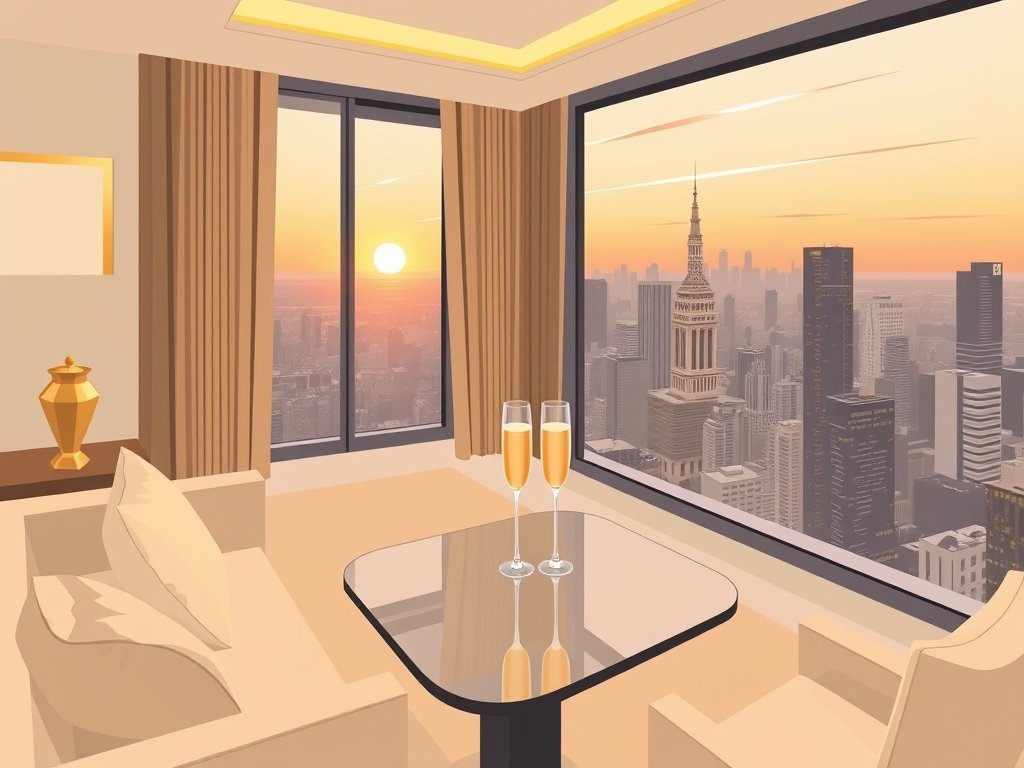Luxueus penthouse interieur met gouden accenten en champagneglas met stadszicht bij zonsondergang, passend bij Lale Gül vermogen.