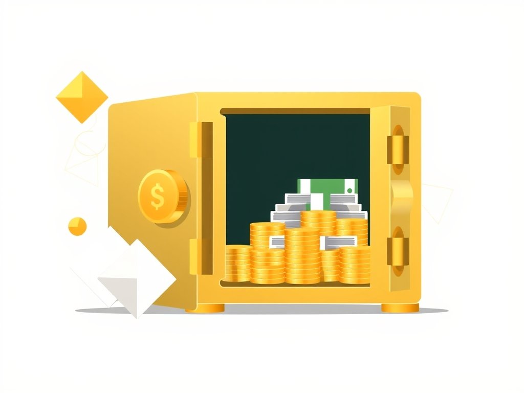 Gouden kluis met geld en abstracte vormen die vermogen en rijkdom symboliseren.