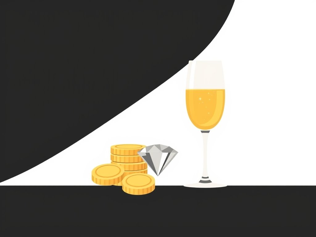 Gouden munten, diamant en champagneglazen als symbool voor rijkdom en vermogen.