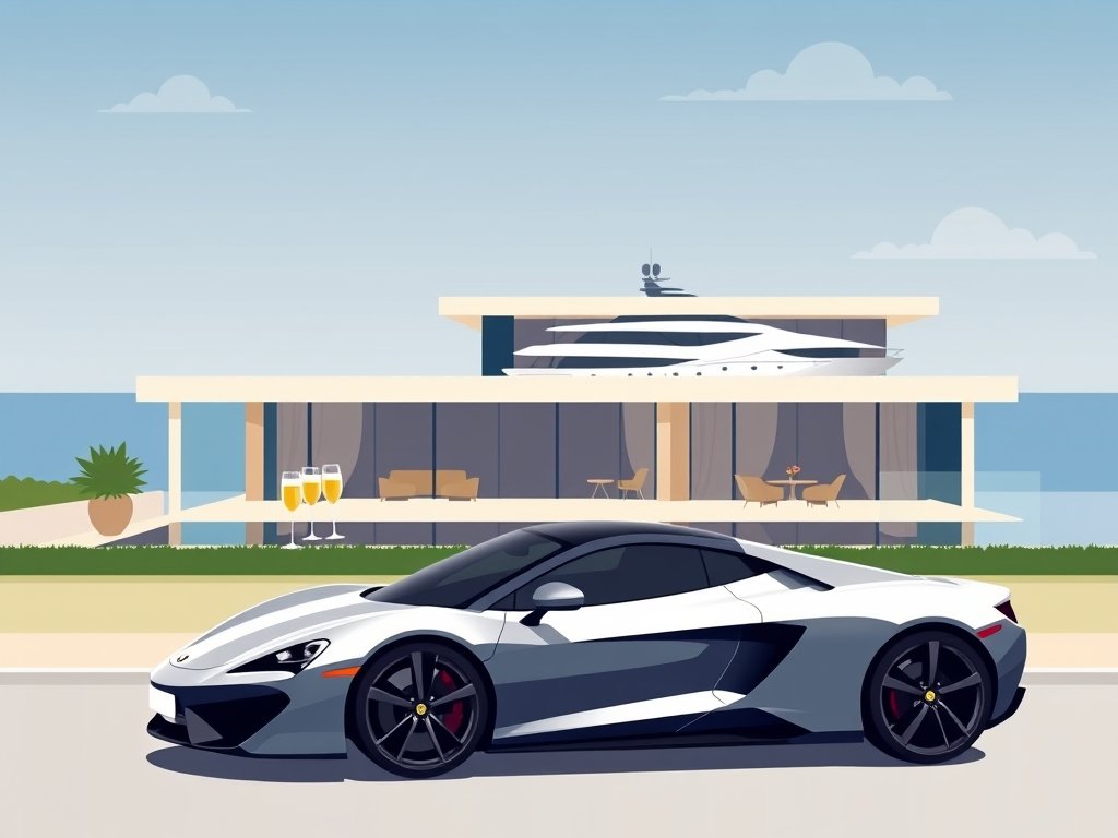 Een moderne luxe villa met een sportwagen en een jacht op zee, champagne op een terras.