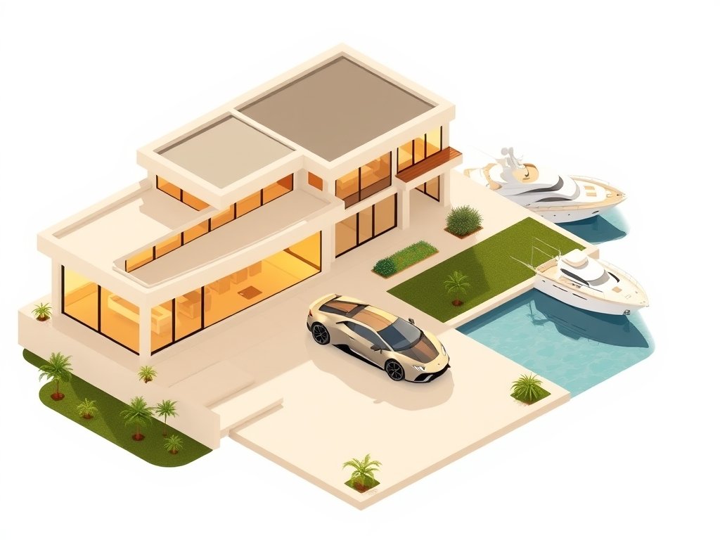 Luxe moderne villa, sportwagen en een jacht aan zee met gouden zonlicht.