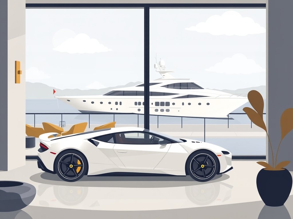 Luxueuze penthouse met een sportwagen en jacht, symbool voor Jesse Klaver vermogen.