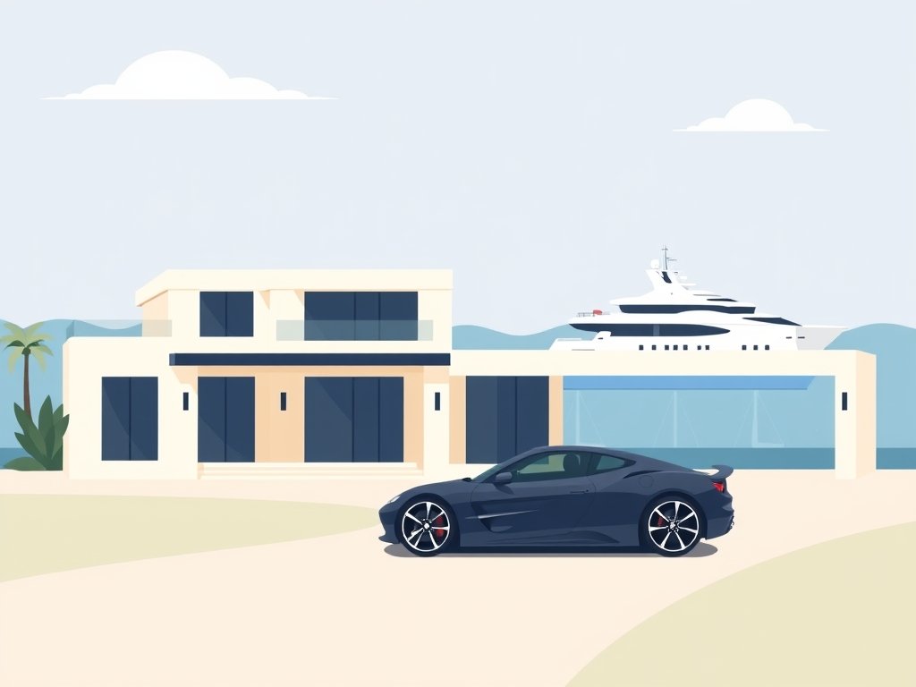 Luxe villa met sportwagen en jacht in de buurt als symbool voor Jake Paul vermogen.