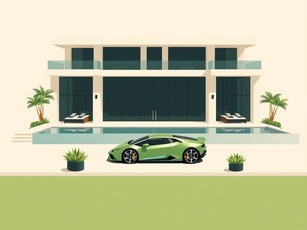 Luxe moderne villa met infinity pool, sportwagen en groene tuin passend bij Peter Kuiten vermogen.