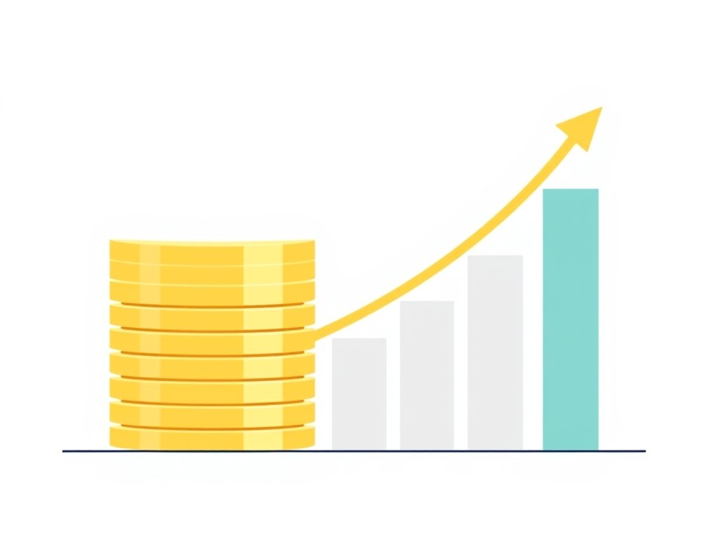 Eenvoudige infographic met gouden munten en grafiek die financieel vermogen symboliseren.