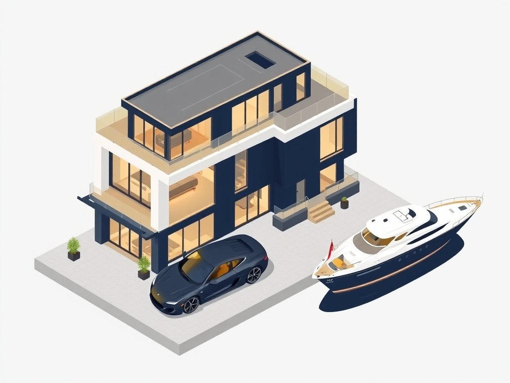 Luxueus penthouse met sportwagen en jacht aan de waterkant in minimalistische stijl passend bij Guus Polman vermogen.