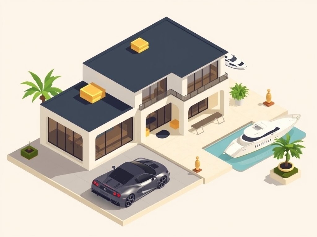 Moderne luxe villa met sportwagen en jacht in een strakke kleurstijl passend bij Gert Verhulst vermogen.