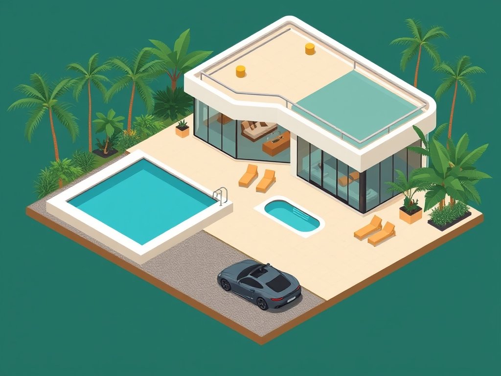 Isometrische illustratie van een luxe villa met zwembad, sportwagen en tropische tuin passend bij Soenil Bahadoer vermogen.