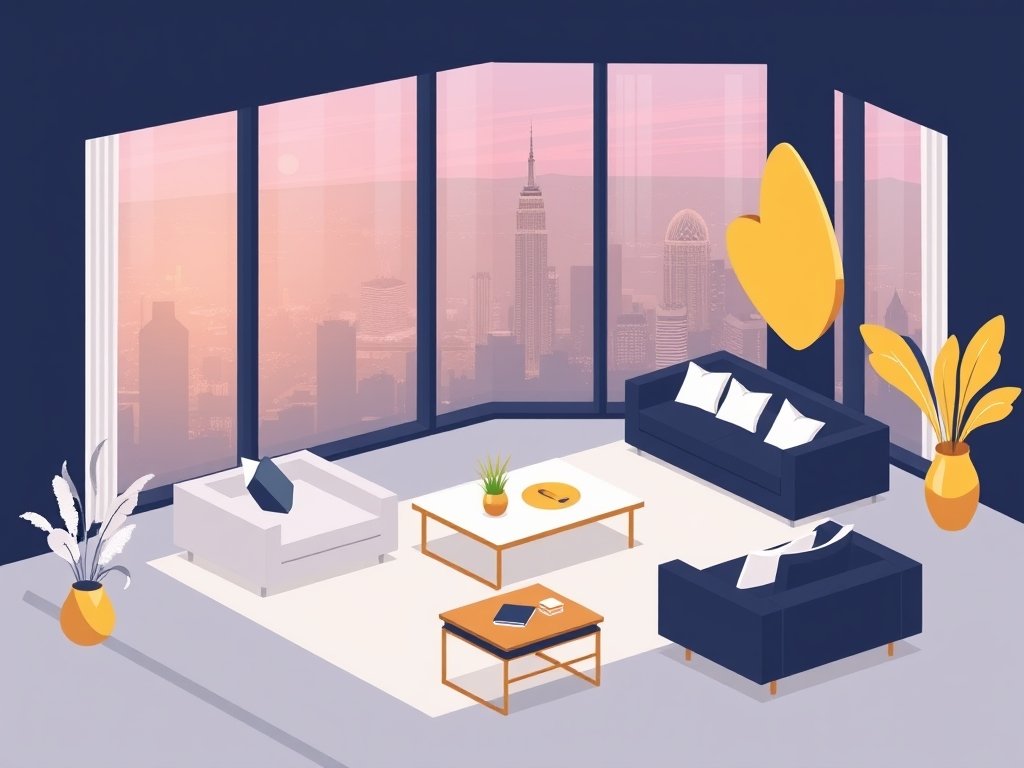Isometrisch interieur van een luxe penthouse met uitzicht op een skyline en gouden accenten passend bij Taeke Dijkstra vermogen.