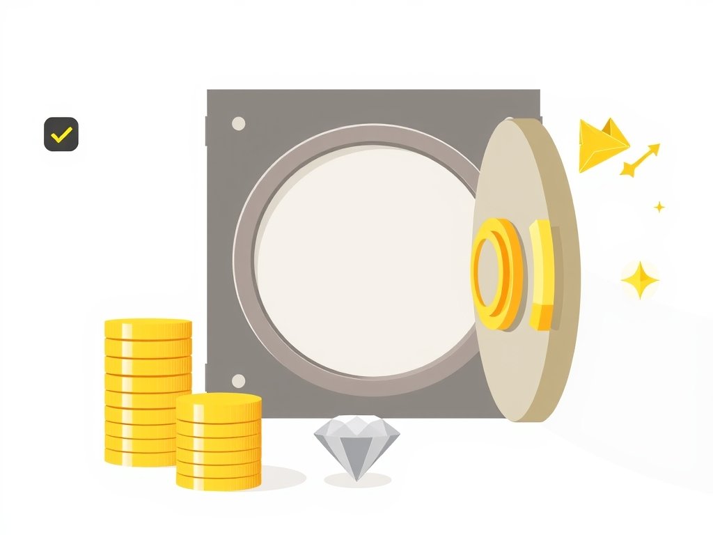 Gestapelde gouden munten en een stijlvolle kluisdeur als symbool van vermogen en rijkdom.