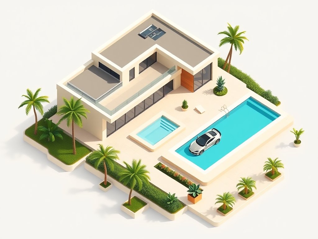 Luxe moderne villa met zwembad en sportwagen in een groene omgeving passend bij John Heitinga vermogen.