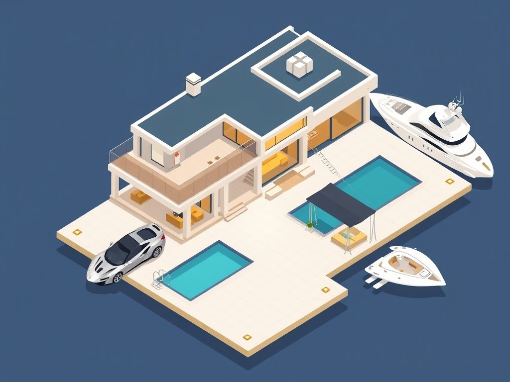 Moderne luxe villa met sportwagen en jacht aan het water.