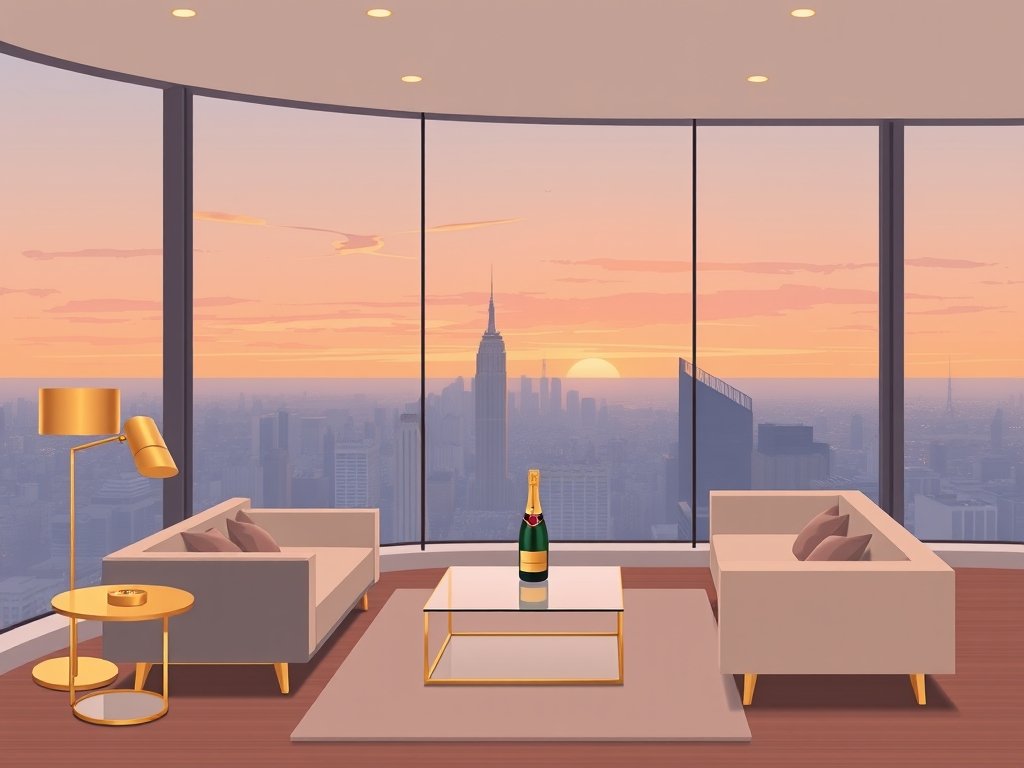 Luxe penthouse interieur met stadszicht en gouden accenten passend bij Linda de Mol vermogen.