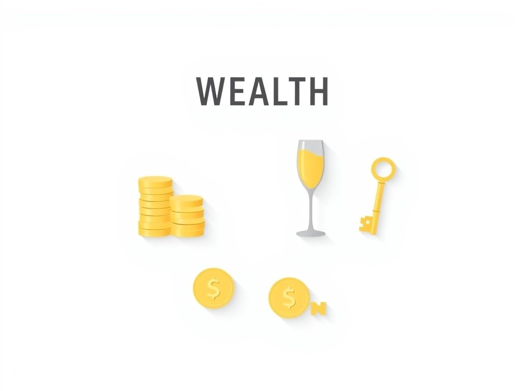 Geometrische iconen van rijkdom zoals gouden munten en een champagneglas in minimalistische stijl voor Marc Overmars vermogen.