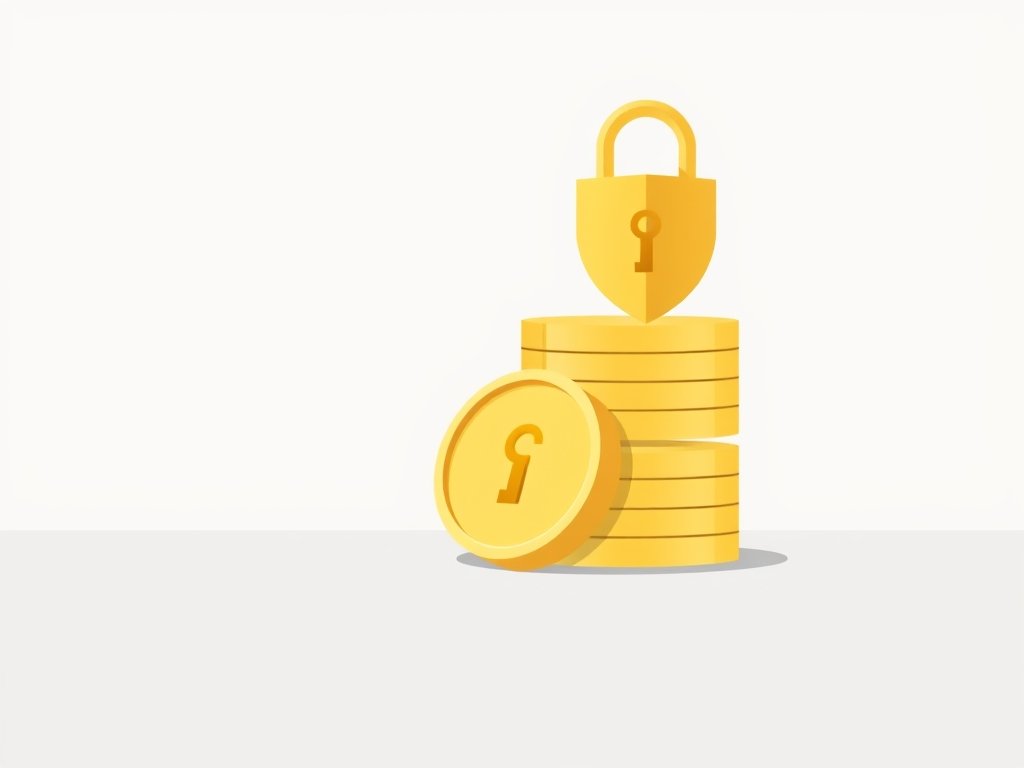 Gestileerde gouden munten, sleutel en schild als symbool voor vermogen en veiligheid.