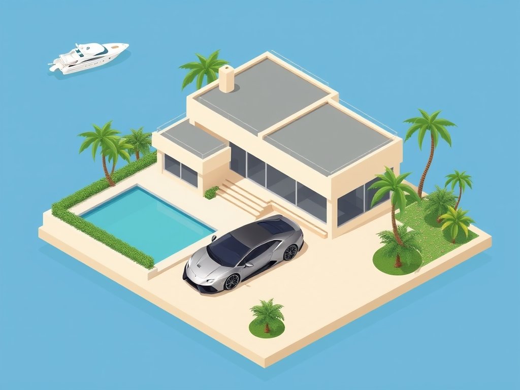 Luxueuze moderne villa met sportwagen en jacht in een groene omgeving die het vermogen van Okkie Durham symboliseert.