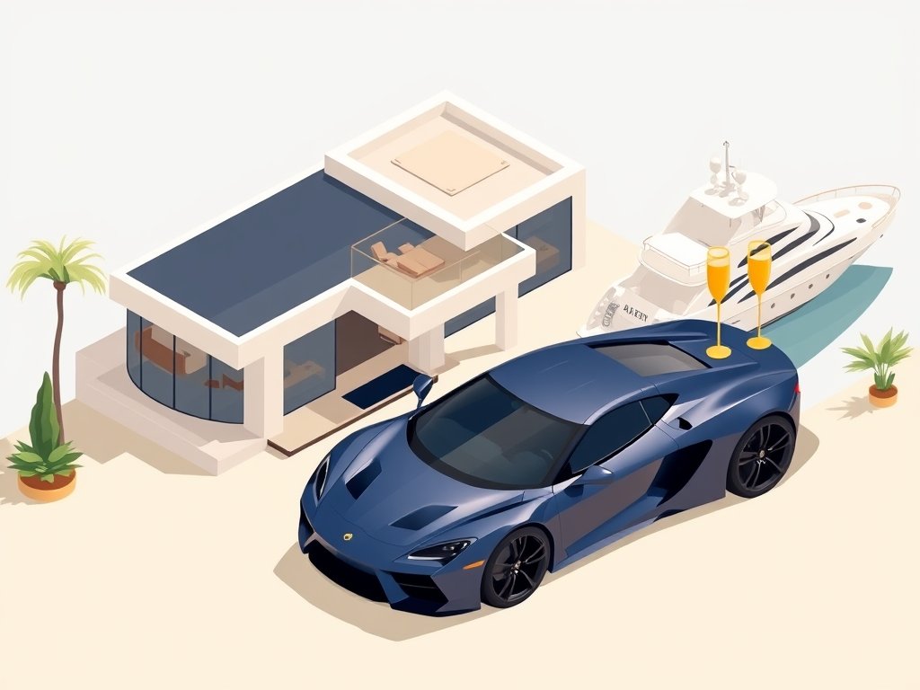 Isometrisch perspectief van een luxe villa met sportwagen, jacht en champagne, passend bij Wim Kieft vermogen.