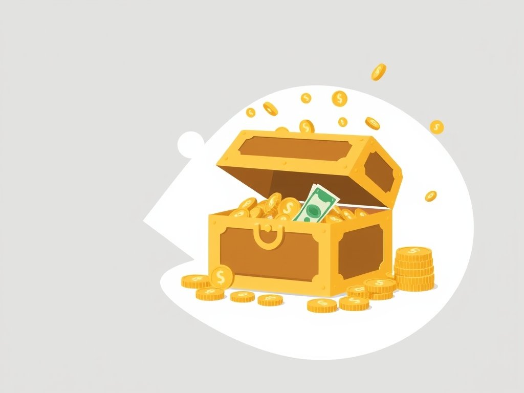 Gestileerde gouden schatkist met munten en bankbiljetten in een minimalistisch design voor Kees Tol vermogen concept.