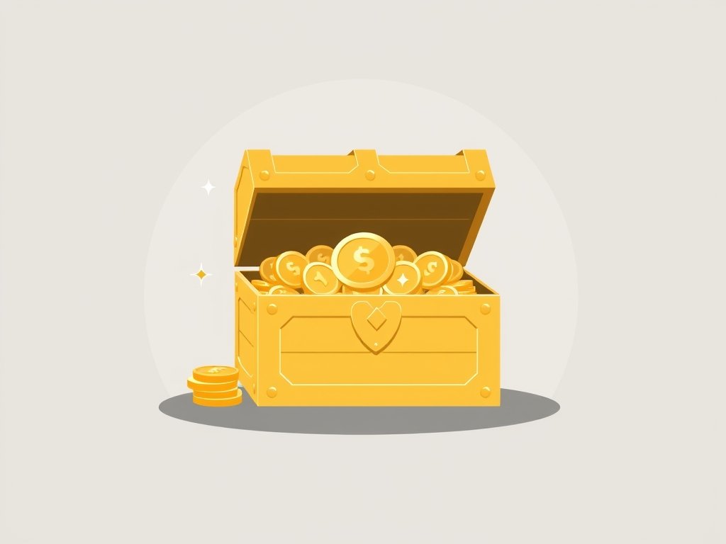 Gouden schatkist met glanzende munten en edelstenen als symbool voor vermogen.