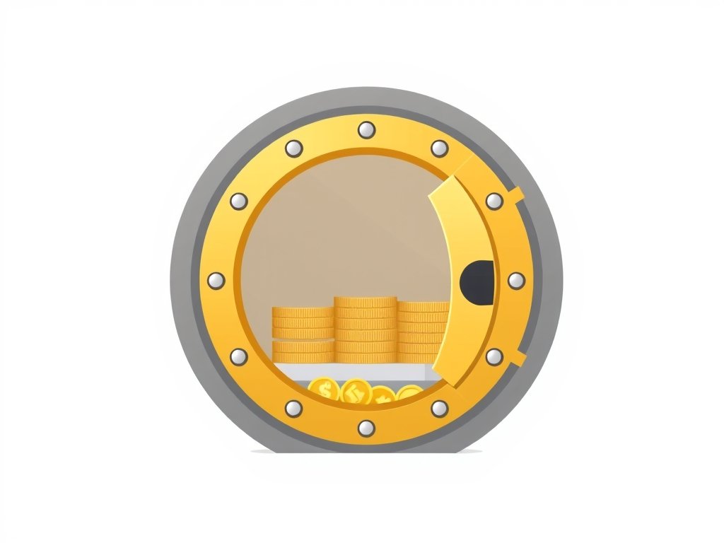 Symbolische gouden kluis met munten en goudstaven die vermogen vertegenwoordigen.