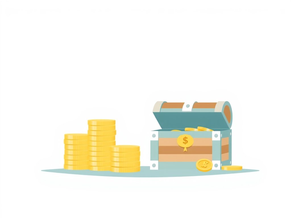 Minimalistische illustratie van gouden munten en een schatkist als symbool voor Oos Kesbeke vermogen.