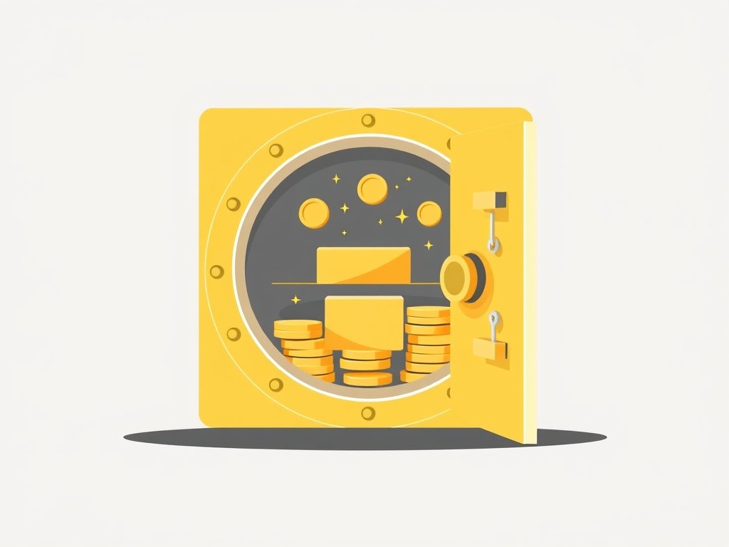 Gestileerde gouden kluisdeur met goudstaven en munten binnenin als symbool voor vermogen.