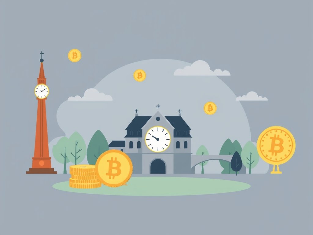 Stapels gouden munten naast een abstracte kluis met een horloge en weegschaal.