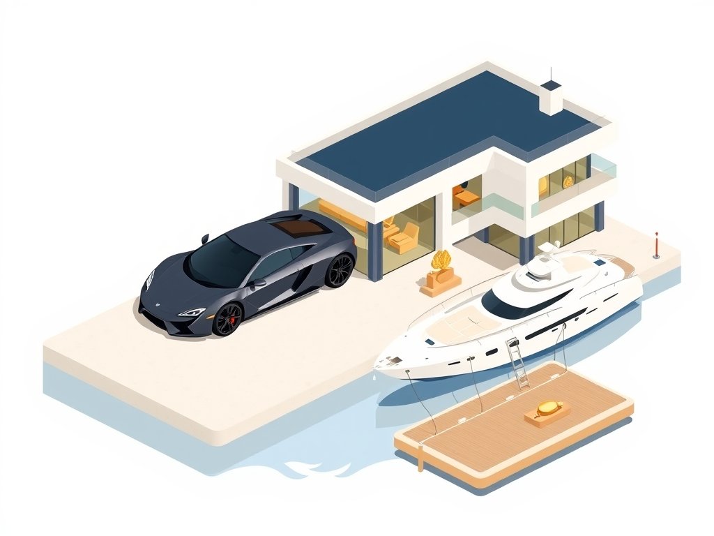 Luxueuze villa met sportwagen, jacht en gouden accessoires in minimalistische stijl passend bij Stefan Jurriens vermogen.
