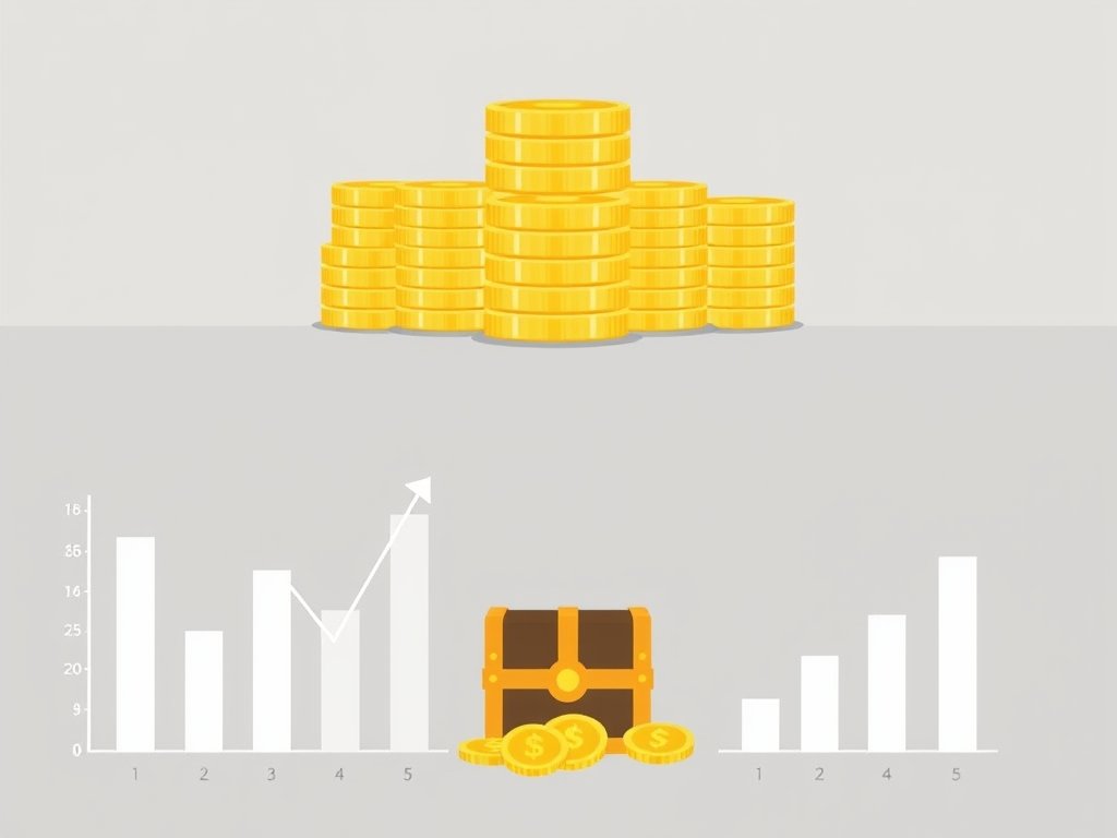 Stapels gouden munten met abstracte financiële grafieken en een schatkist als symbool voor Jan Smit vermogen.