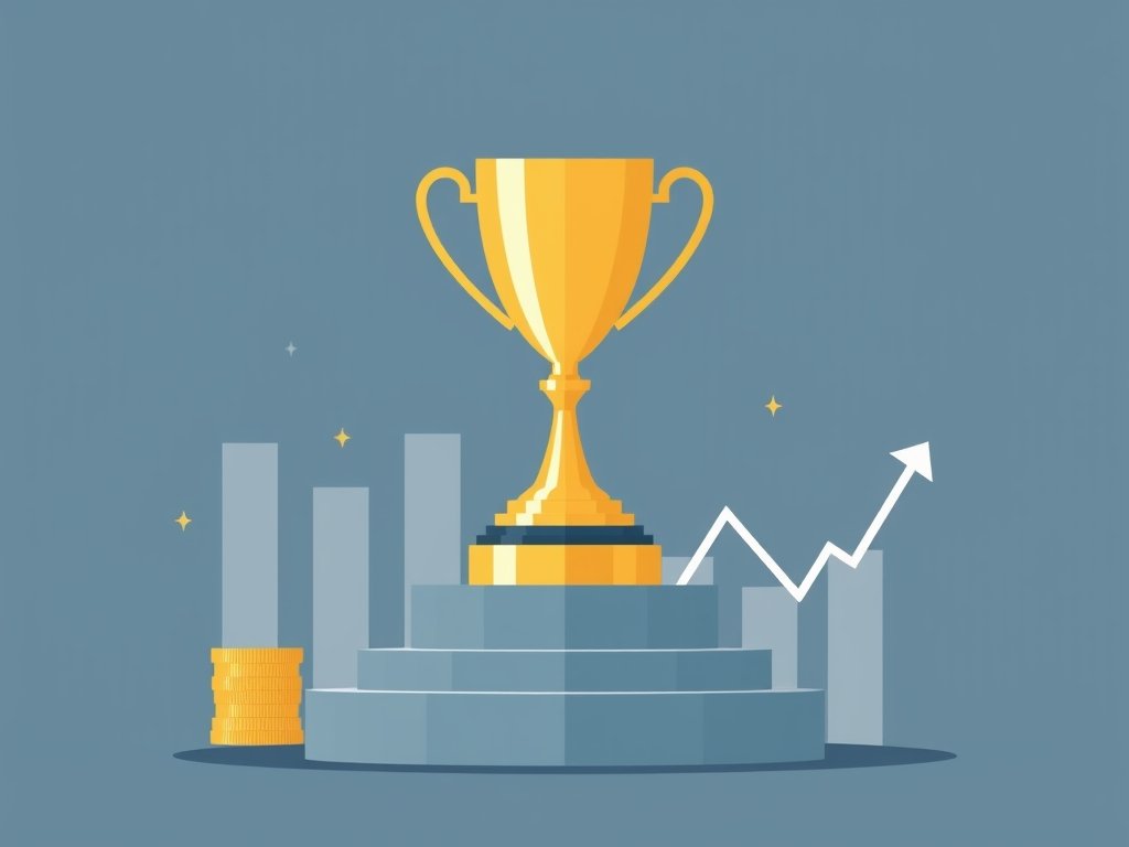 Gouden trofee met abstracte financiële symbolen die rijkdom en succes symboliseren bij Annemiek van Vleuten vermogen.