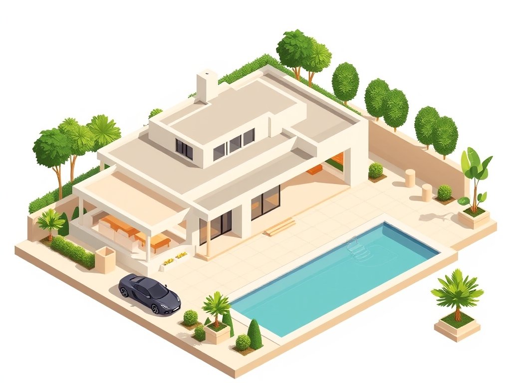 Luxueuze moderne villa met zwembad, sportwagen en gouden accenten passend bij Inge Gillis vermogen.
