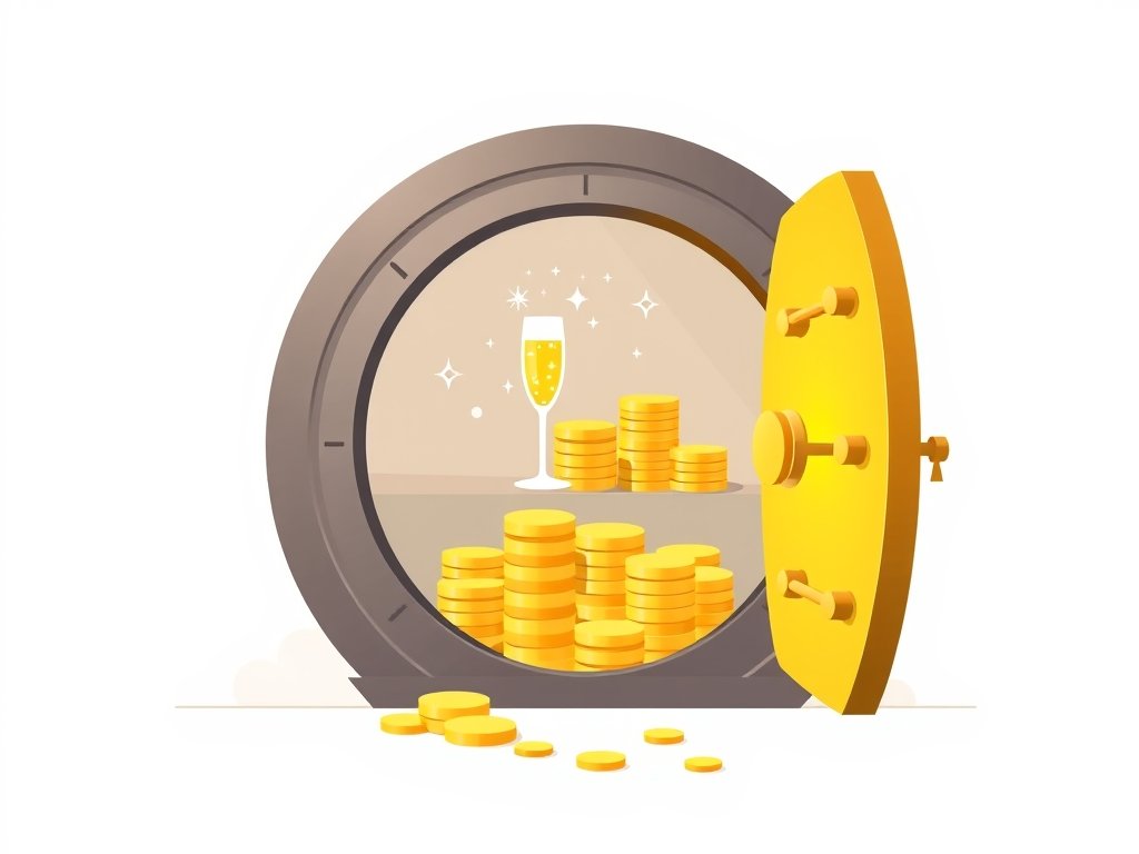 Gouden kluis met munten, goudstaven en champagne als symbool van vermogen.
