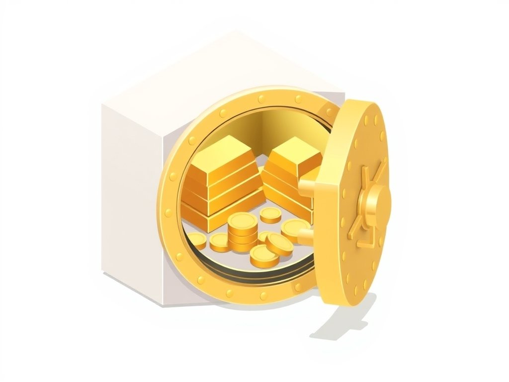 Gouden kluis met stapels goudbaren en munten als symbool van vermogen.