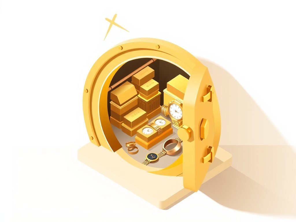 Isometrische gouden kluis met goudstaven en luxe horloges symboliseert vermogen en rijkdom.