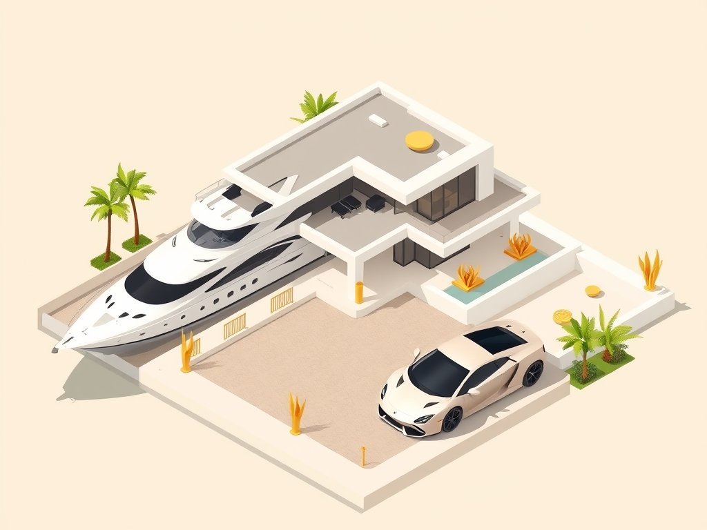 Isometrische illustratie van een luxe villa met jacht en sportwagen in een strak, minimalistisch design.