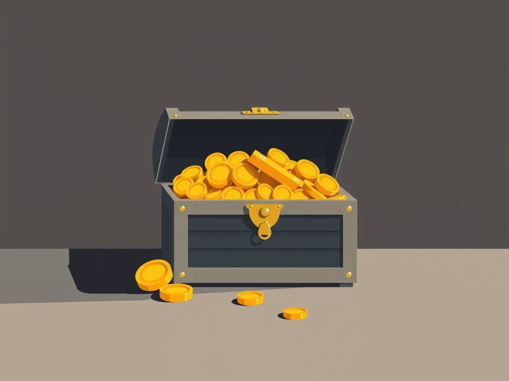 Minimalistische afbeelding van een schatkist met goudstukken en goudstaven als symbool voor vermogen.