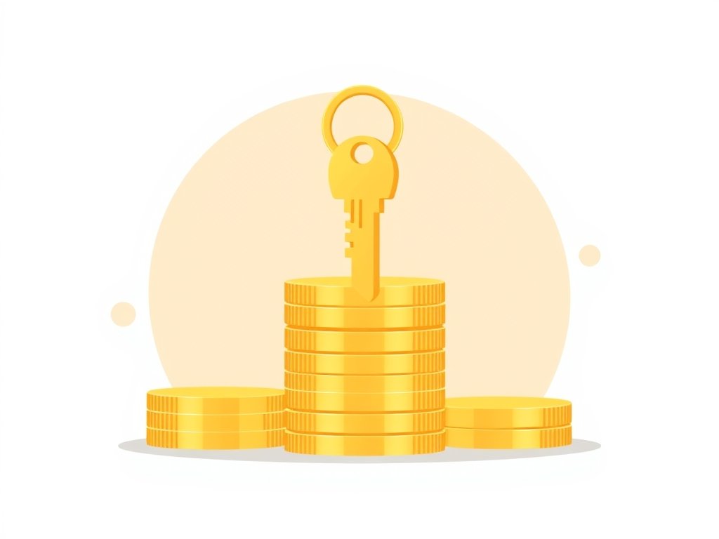 Minimalistische illustratie van gouden munten met een sleutel als symbool voor Inez Weski vermogen.