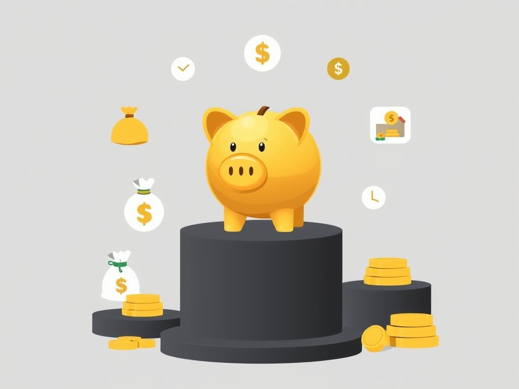 Gouden spaarvarken met symbolen van rijkdom en vermogen in een minimalistisch flat infographic design.