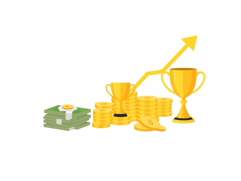 Gestileerde gouden muntstapels, kasbons en een trofee als symbool voor Ronaldo vermogen.