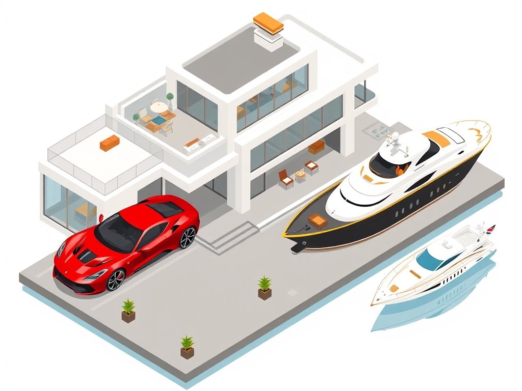 Moderne luxe villa met sportwagen en jacht die Ronaldo vermogen symboliseren.