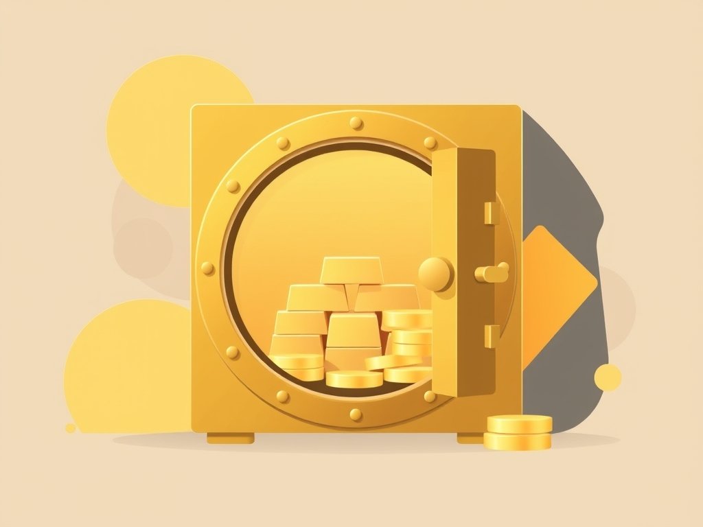 Open gouden kluis met stapels goudstaven en munten als symbool voor vermogen.