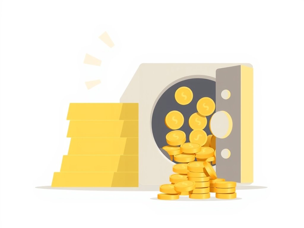 Gouden staven en een open kluis vol munten symboliseren vermogen.