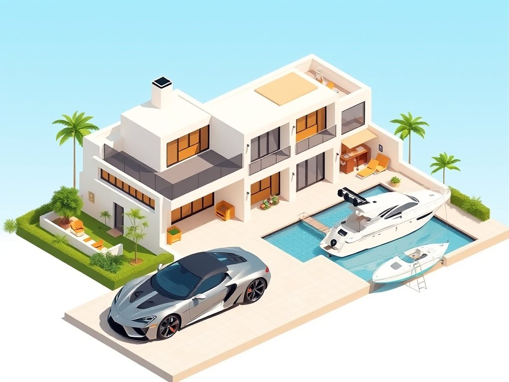 Luxe villa met sportwagen en jacht in een minimalistisch, strak ontwerp passend bij Frans Vinju vermogen.