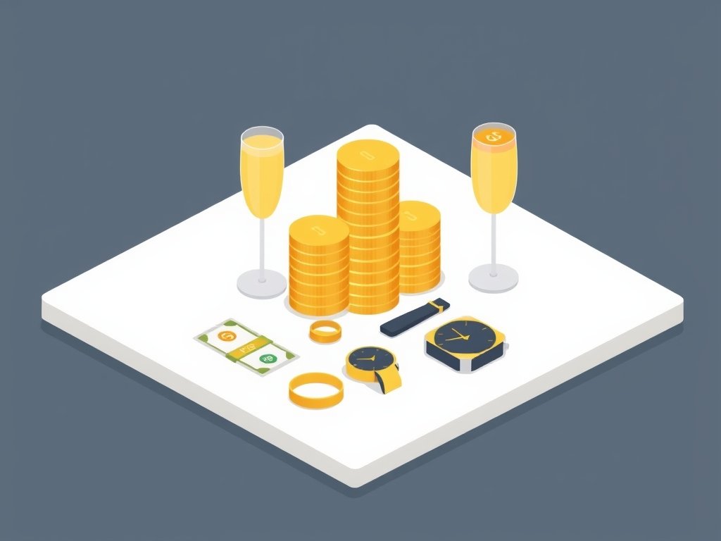 Geometrische stapel gouden munten met champagneglazen en luxe accessoires als symbool van vermogen.