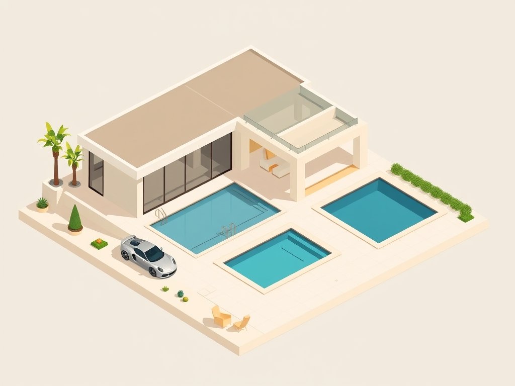 Luxe moderne villa met sportwagen en zwembad in een minimalistisch kleurenschema passend bij Frans Timmermans vermogen.